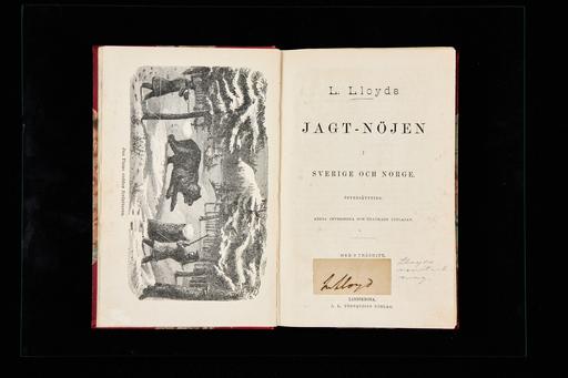 Llewellyn Lloyd's book, Jaktnöjen, with the author's autograph pasted inside. 