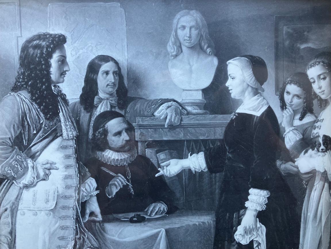 Margareta Hvitfeldt signing her will and testament. The white bust in the background depicts her son. 