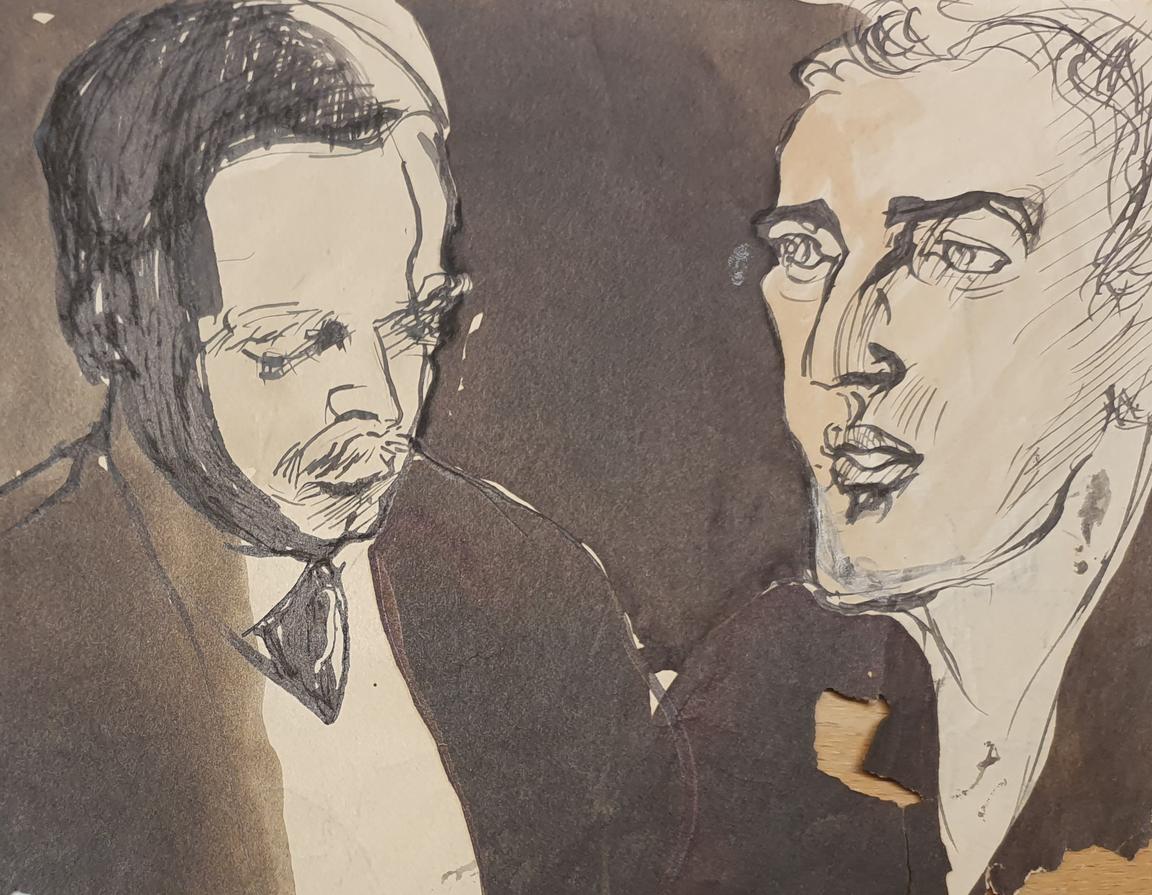 Drawing by Helga Stenhammar depicting Jean Sibelius (allegedly) and Wilhelm Stenhammar.