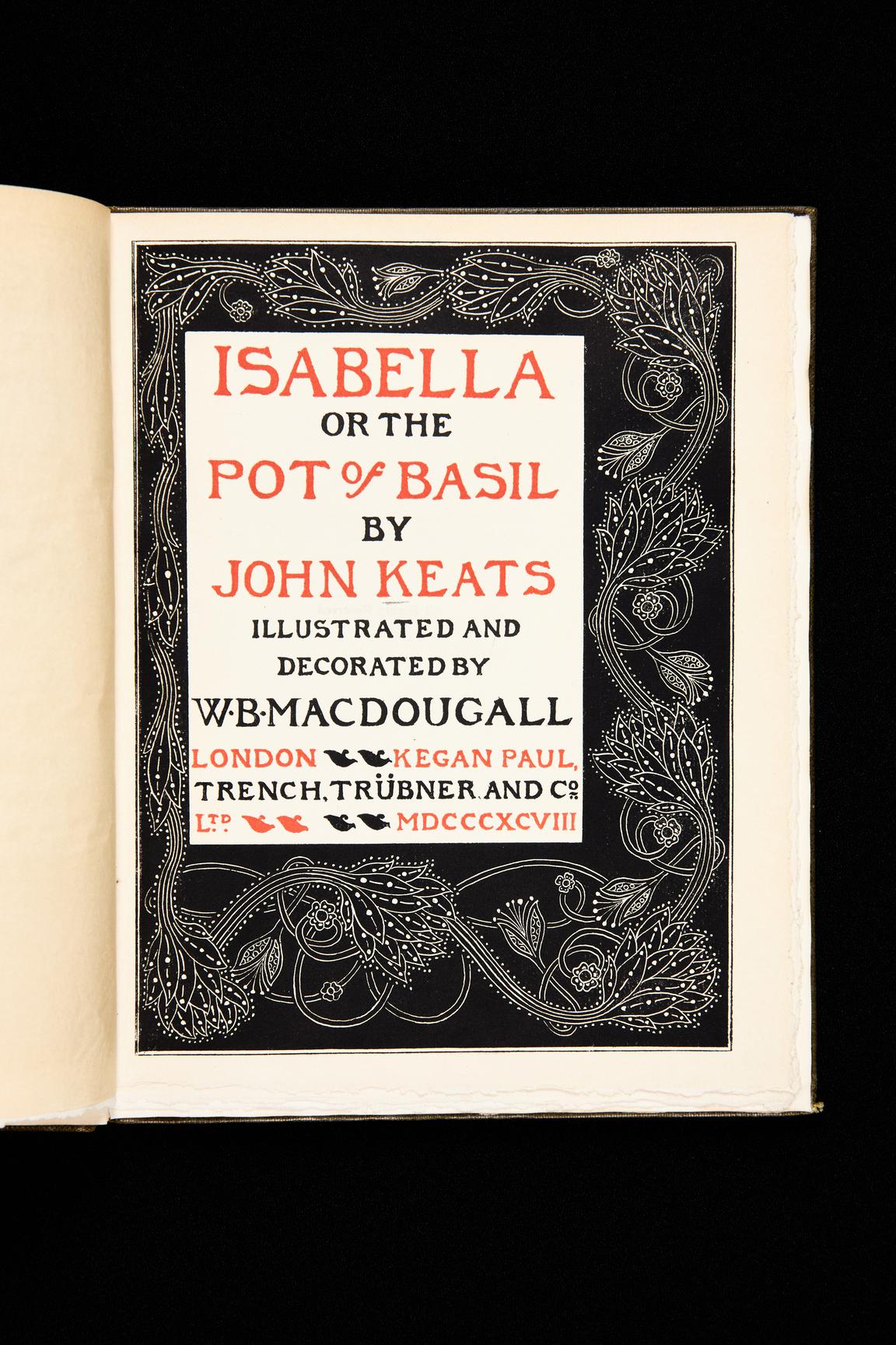 Ur Waldemar Zachrissons trycksamling. Bokomslag till Isabella or The pot of Basil, tryckt av Kegan Paul, Trench, Trübner & Co. 