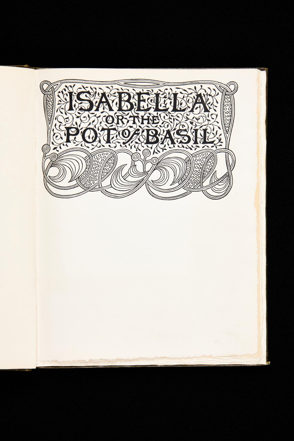 Ur Waldemar Zachrissons trycksamling.  Förtitelblad till Isabella or The pot of Basil, tryckt av Kegan Paul, Trench, Trübner & Co. 