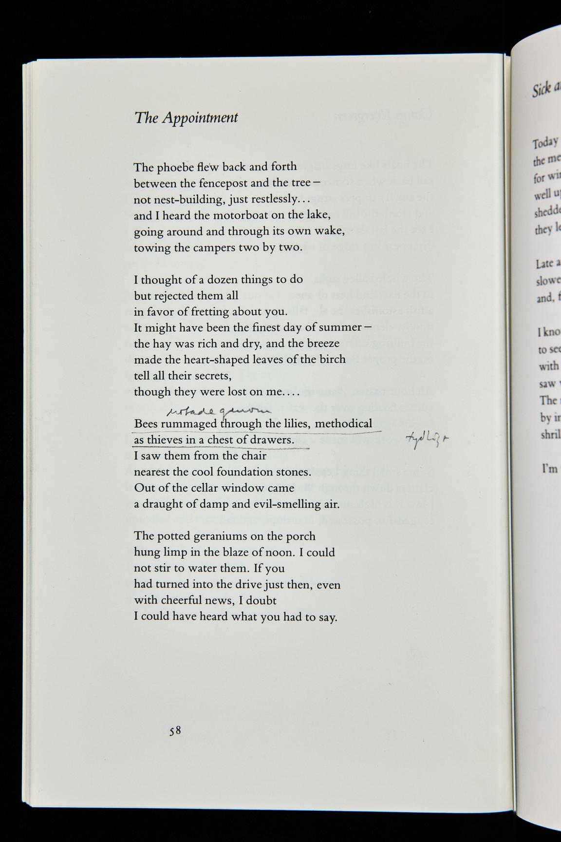 Ur Stewe Claesons amerikanska boksamling. The Boat of Quiet Hours, poesi av Jane Kenyon, med Stewe Claesons marginalanteckningar.