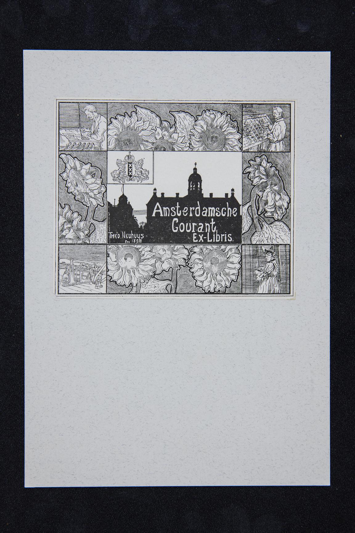 Exlibris för tidningen Amsterdamsche Courant. Litografi av Theo Neuhuys (1878-1921).