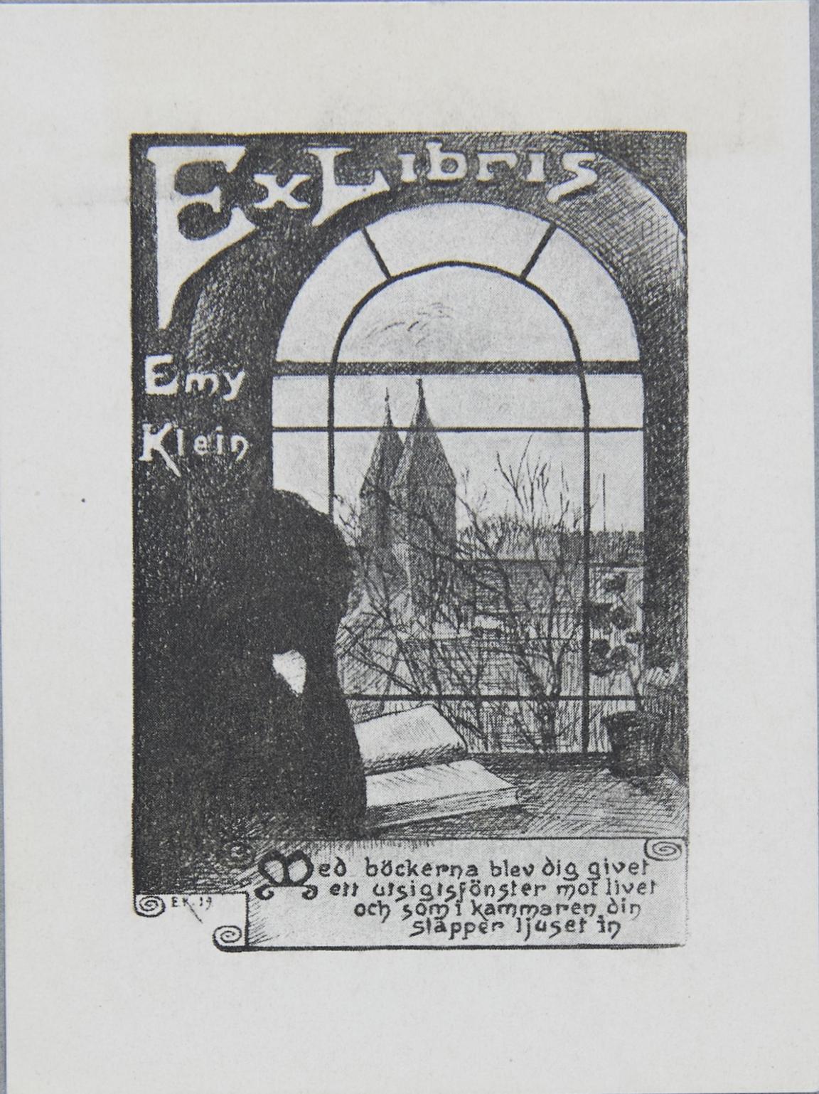 Fröken Emmy Kleins exlibris med utsikt över Lunds domkyrka.