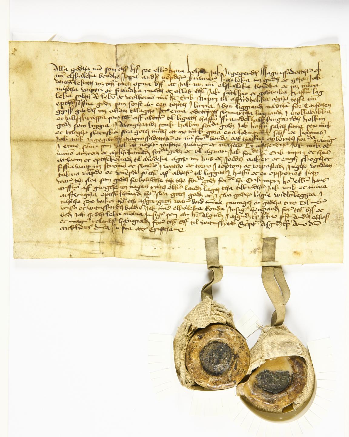 Bild på fastebrev där man kan läsa att Ingegerd Magnusdotter och hennes man Jeppe Andersson säljer jordegods i Lerje till Erik Nipertz. September 1463. 