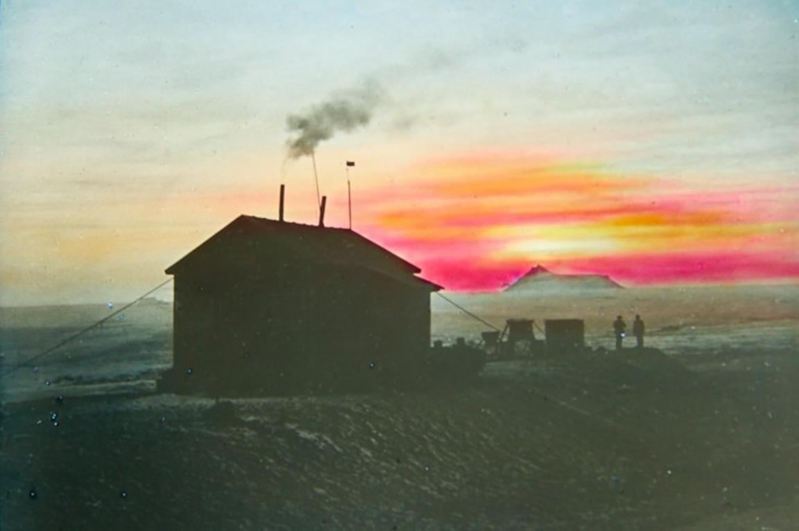 Hand-coloured photographic plate depicting Snow Hill Base camp of the Antarctic expedition, from the archives Otto Nordenskjöld.
