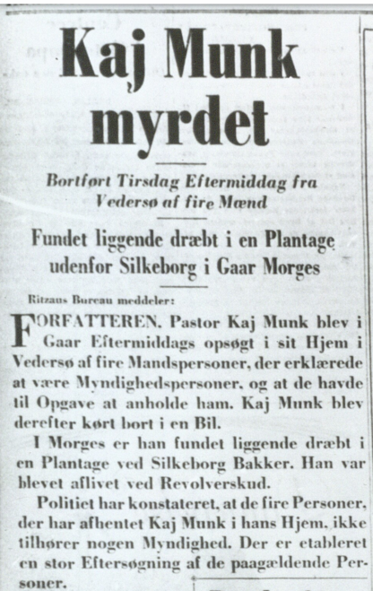 Pressklipp ur Berlingske Tidende om mordet på Kaj Munk.