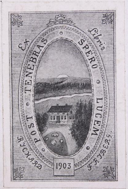 Richard Fribergs exlibris, med Levene prästgård som motiv.